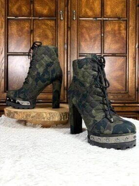 Jessica Simpson IRELLA4 Green Combo Quilted Camo Metal Studded Platform Bootie